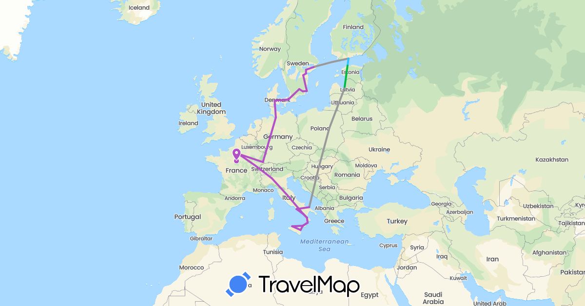 TravelMap itinerary: driving, bus, plane, train, boat in Germany, Denmark, Estonia, Finland, France, Italy, Latvia, Poland, Sweden (Europe)